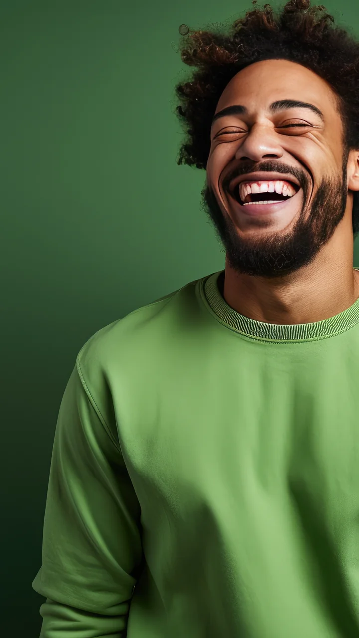 Curly-haired bearded man laughing in a green sweatshirt against a green backdrop