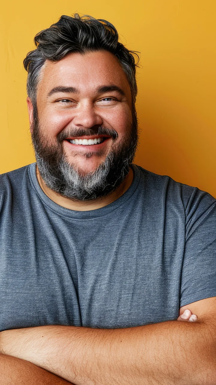 Heavier bearded man laughing with arms crossed against a yellow studio backdrop