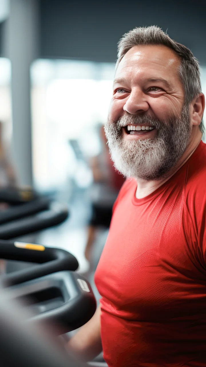 Heavier mid-50s man with a gray beard smiling on a gym treadmill