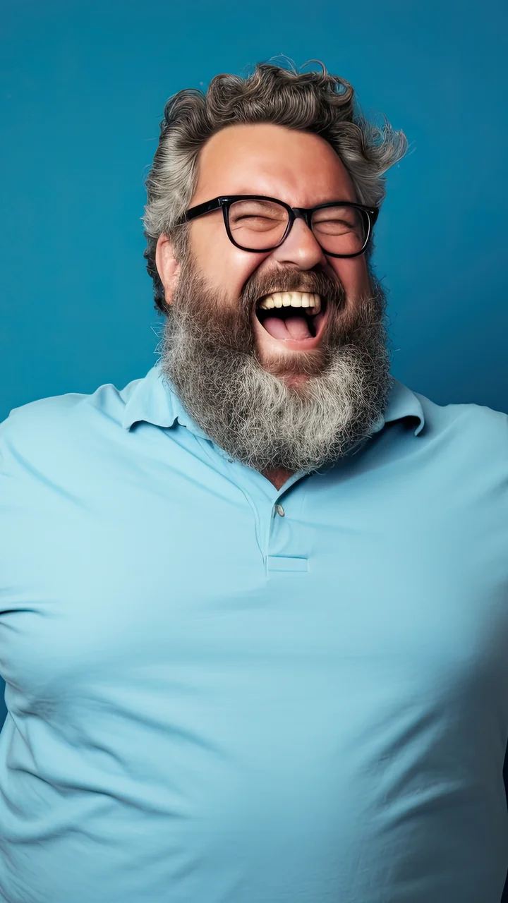 Heavier man with gray hair and glasses flexing both biceps and laughing against a blue studio backdrop