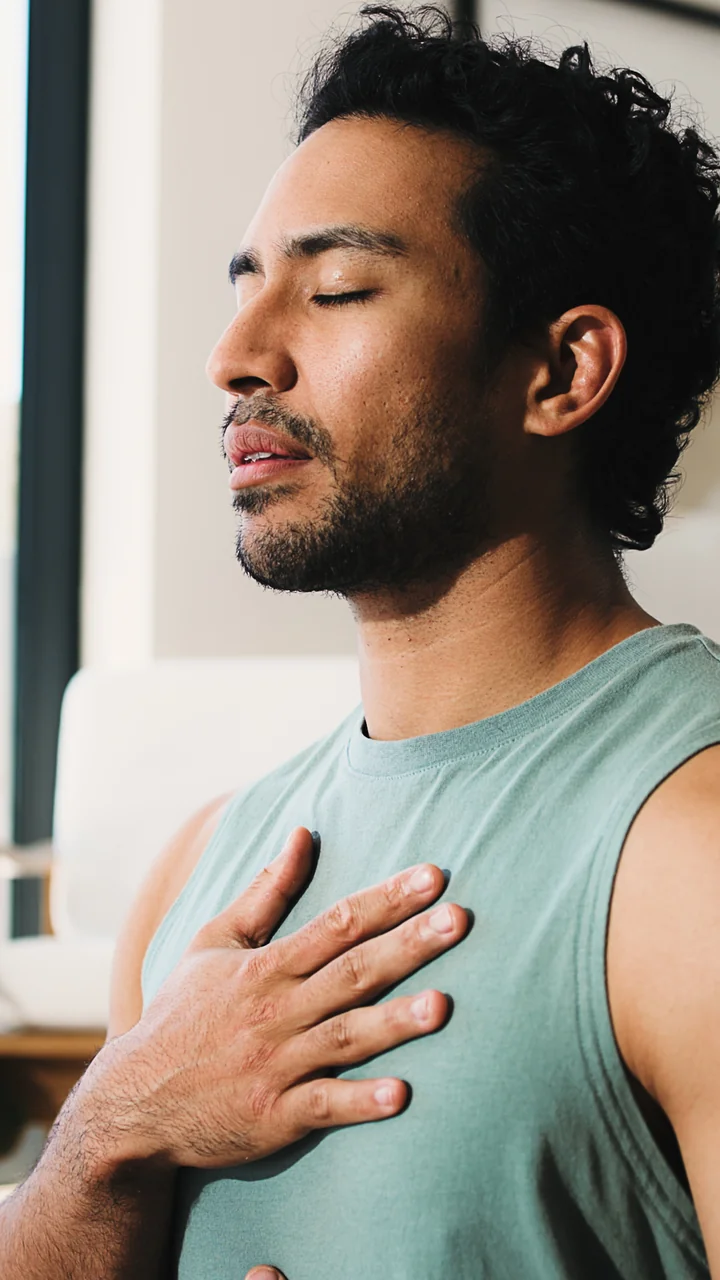 Man in a tank top eyes closed practicing a breathing exercise at home