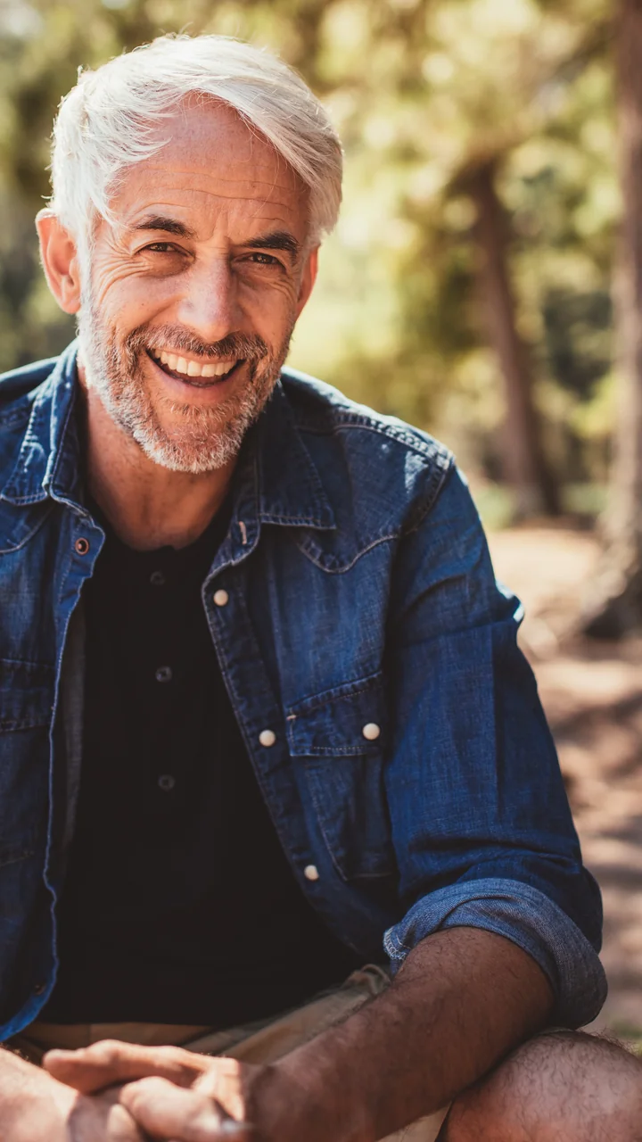 Silver-haired mature man with healthy hair smiling beside a lake at golden hour